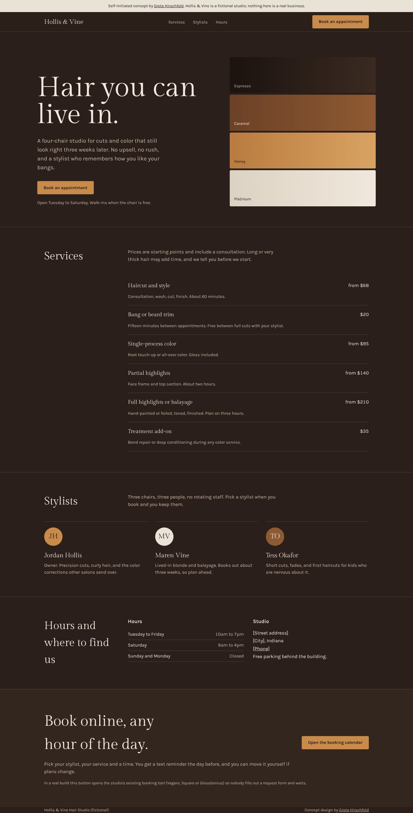 Hollis and Vine concept homepage on desktop: dark espresso background, serif headline reading Hair you can live in, and four stacked hair-color swatches.