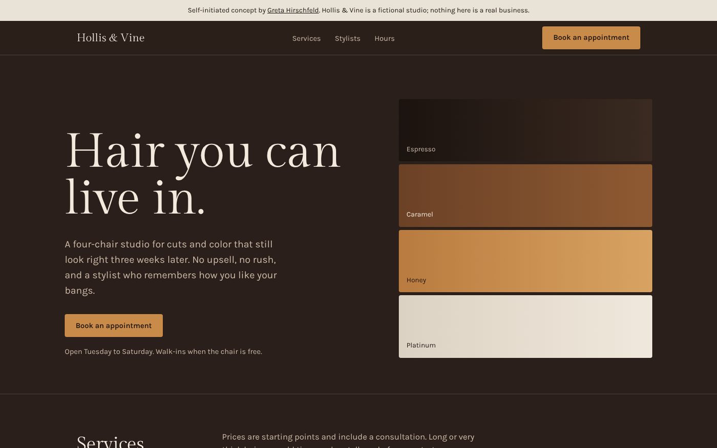 Hollis and Vine concept homepage