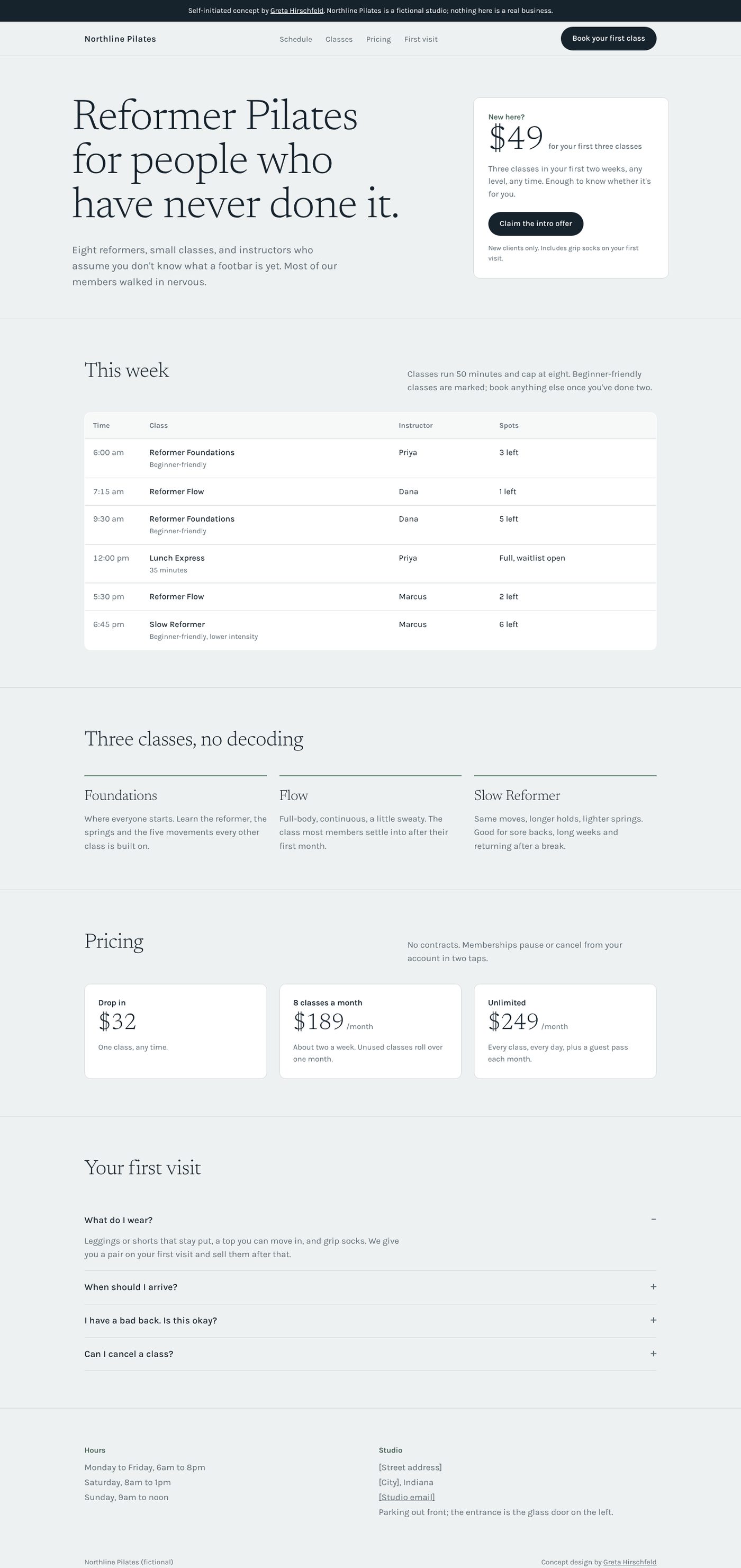 Northline Pilates concept homepage on desktop: pale grey background, light serif headline, an intro offer card and a weekly schedule table.