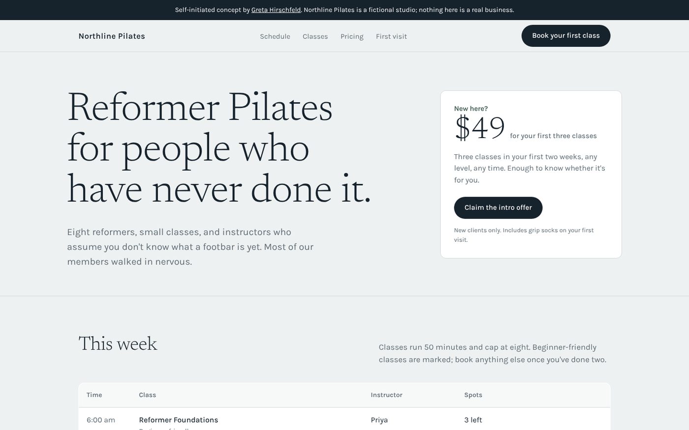 Northline Pilates concept homepage