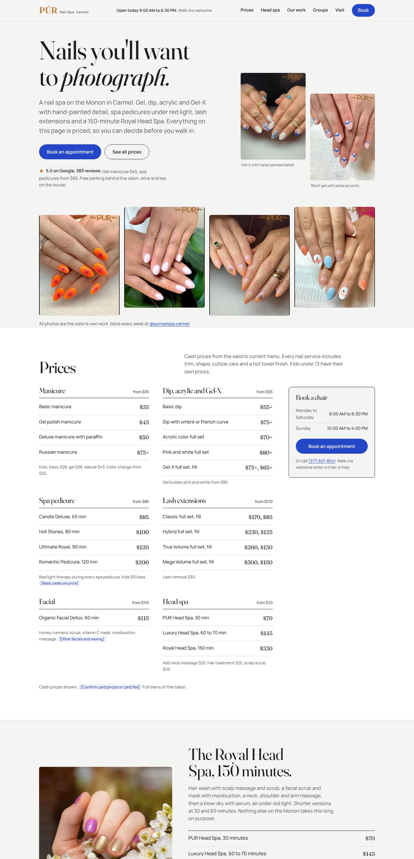 PUR Nail Spa concept at desktop width: headline Nails you'll want to photograph, two photos of the salon's nail art, a strip of four more, then the full price list with a booking rail beside it.