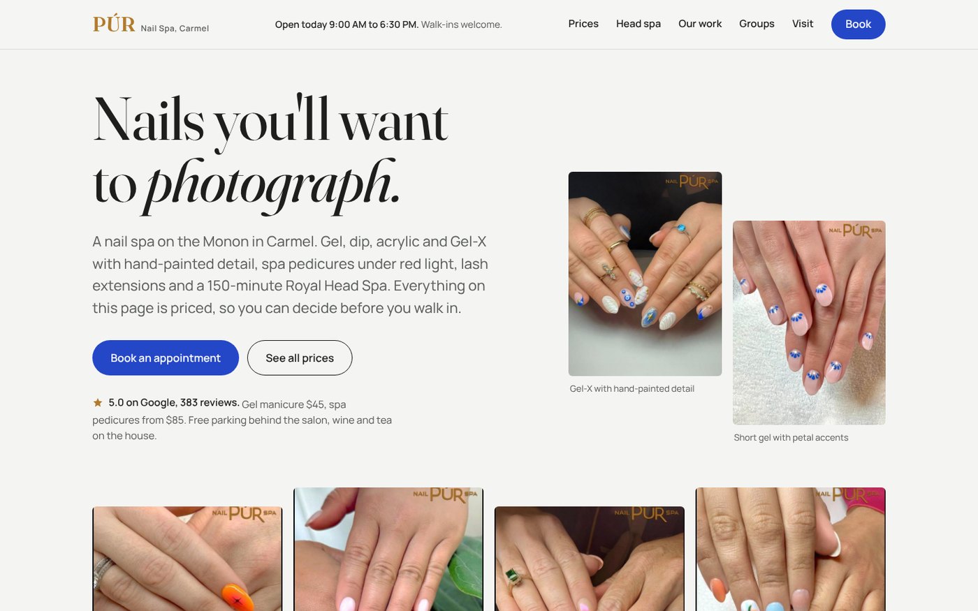 First screen of the PUR concept on desktop: headline, two booking buttons, the 5.0 rating line, and two photos of the salon's nail art.