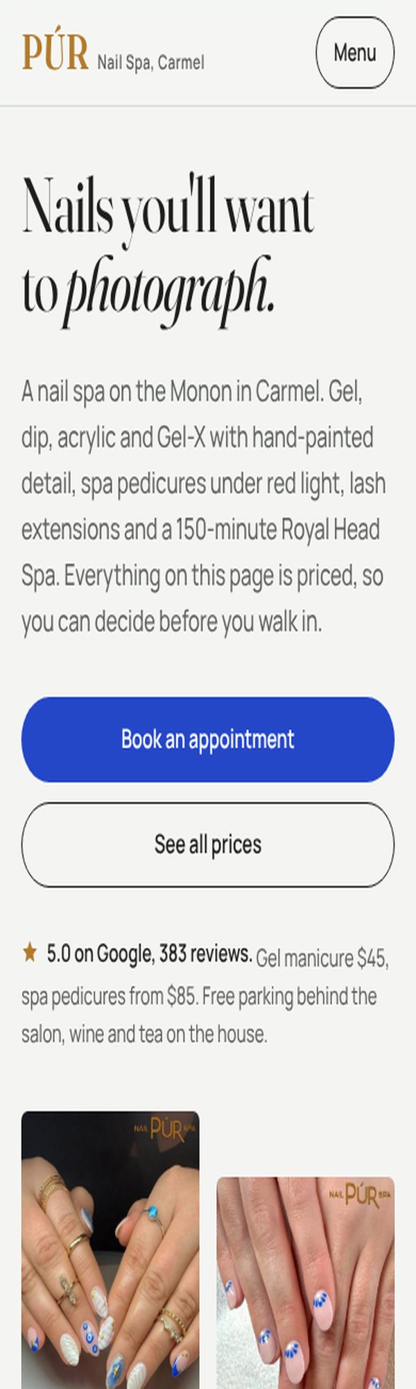 PUR concept on a phone: headline, buttons, rating line, then the salon's photos in a swipeable strip.