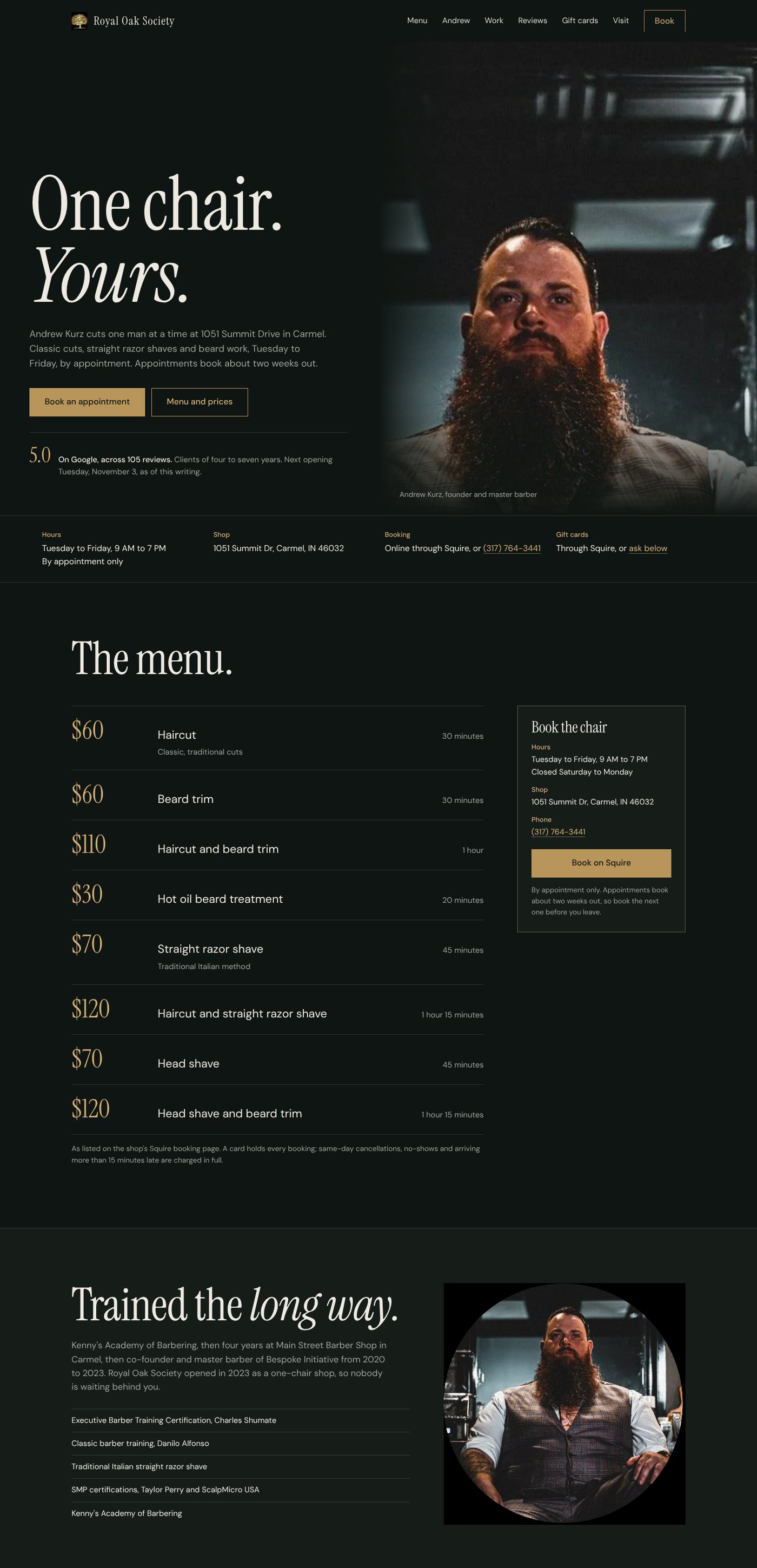 Royal Oak Society concept at desktop width: dark green-black page, headline One chair. Yours. beside a portrait of the barber, a strip of hours and address, then a price-first menu with a booking rail.