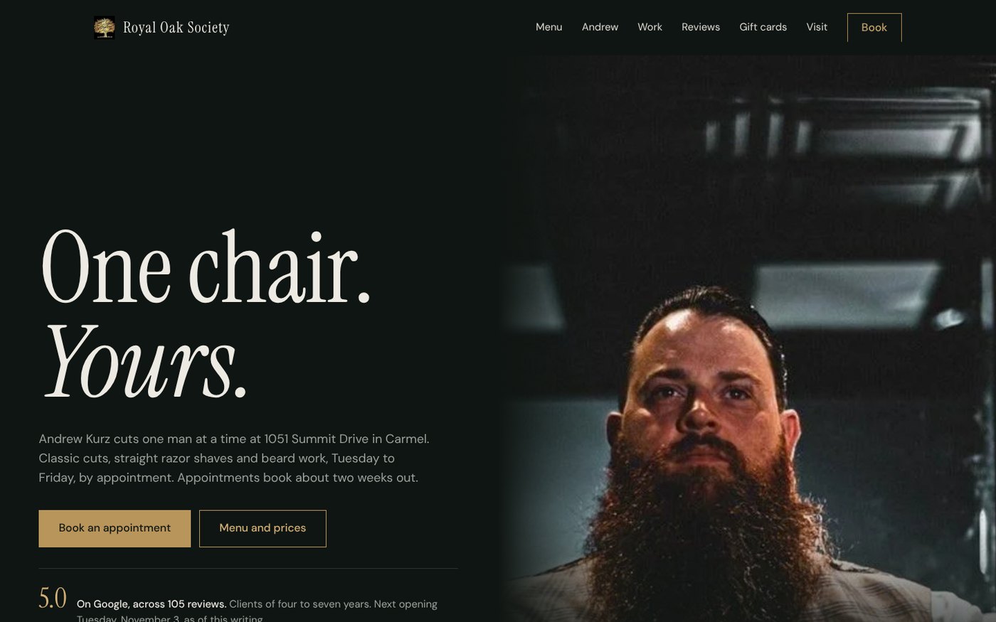 First screen of the Royal Oak concept on desktop: the headline, two buttons and the 5.0 line on the left, Andrew's portrait filling the right half.