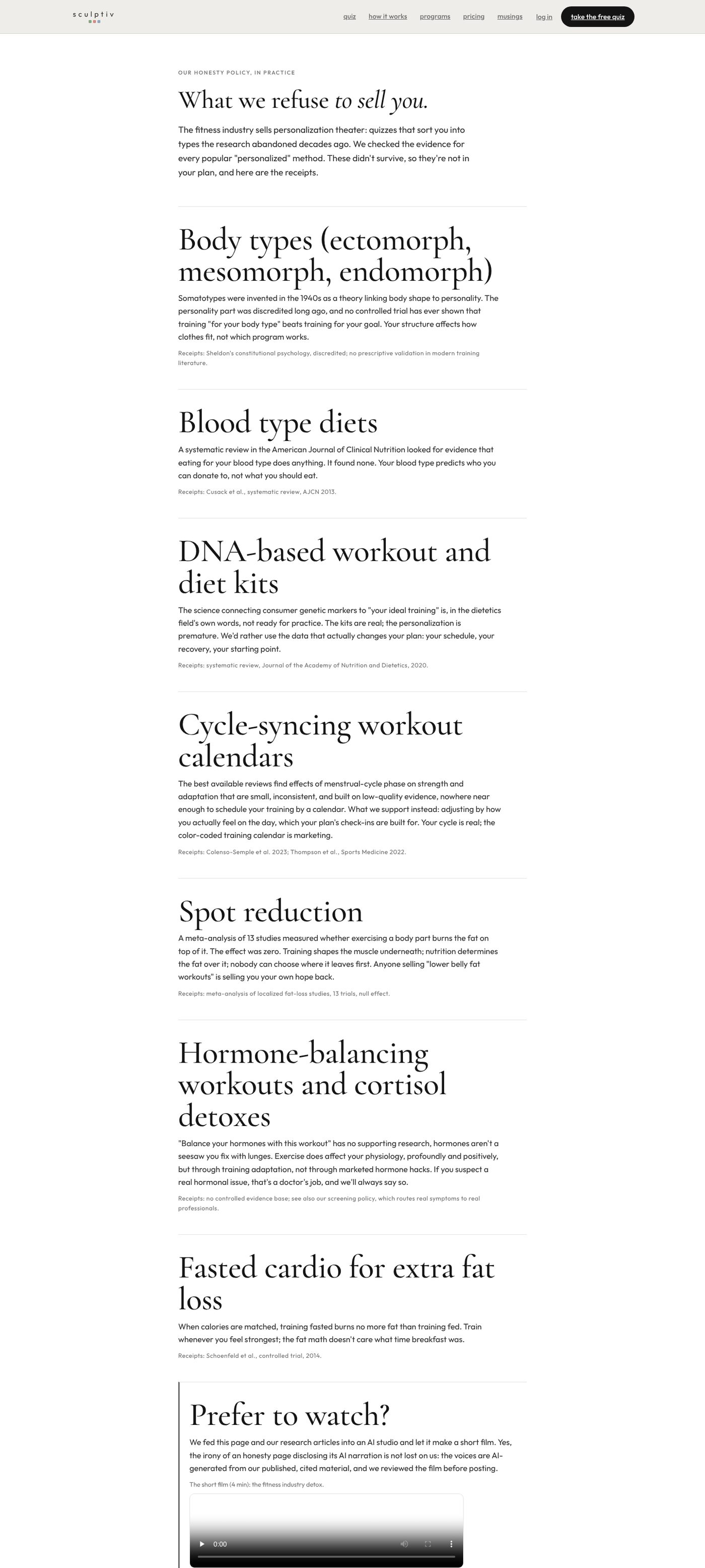 The SCULPTiv honesty page on desktop: What we refuse to sell you, followed by a list of popular fitness methods the research doesn't support.