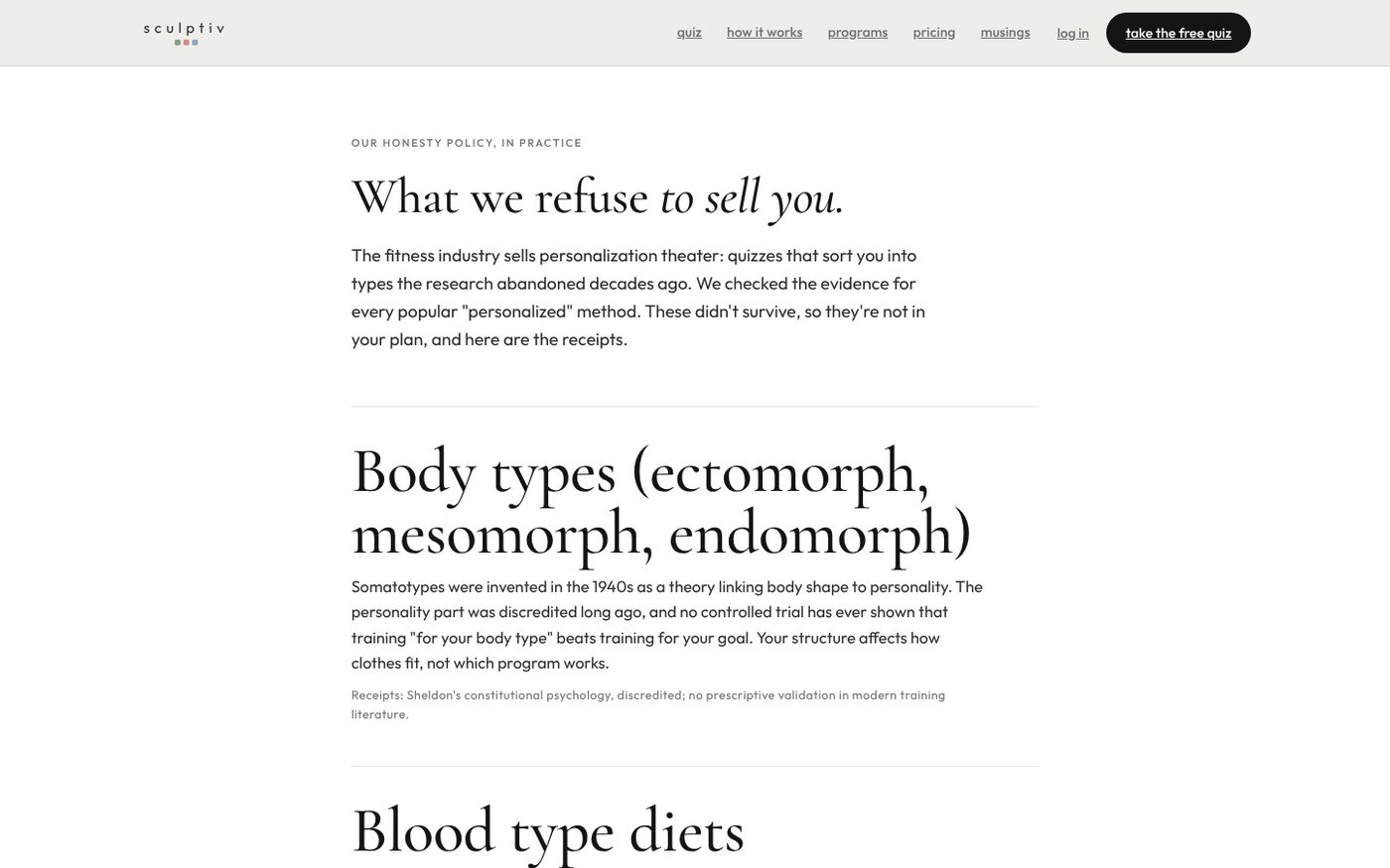 The SCULPTiv honesty page: heading What we refuse to sell you, followed by sections on body types and blood type diets with short explanations.