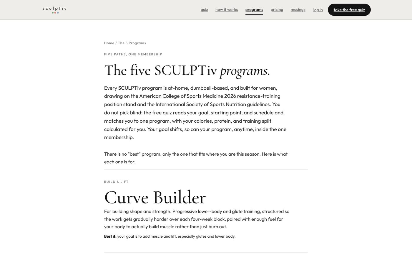 The SCULPTiv programs page: heading The five SCULPTiv programs, a paragraph of context and the first program, Curve Builder, with a description.